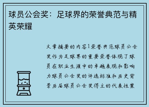 球员公会奖：足球界的荣誉典范与精英荣耀